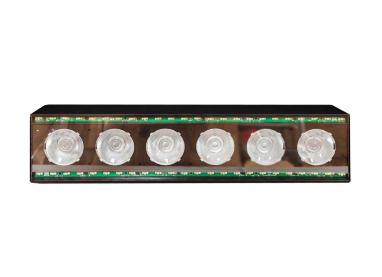 6x50W COB Matrix Bar front view of six COB lenses with upper and lower RGB auxiliary LED strips