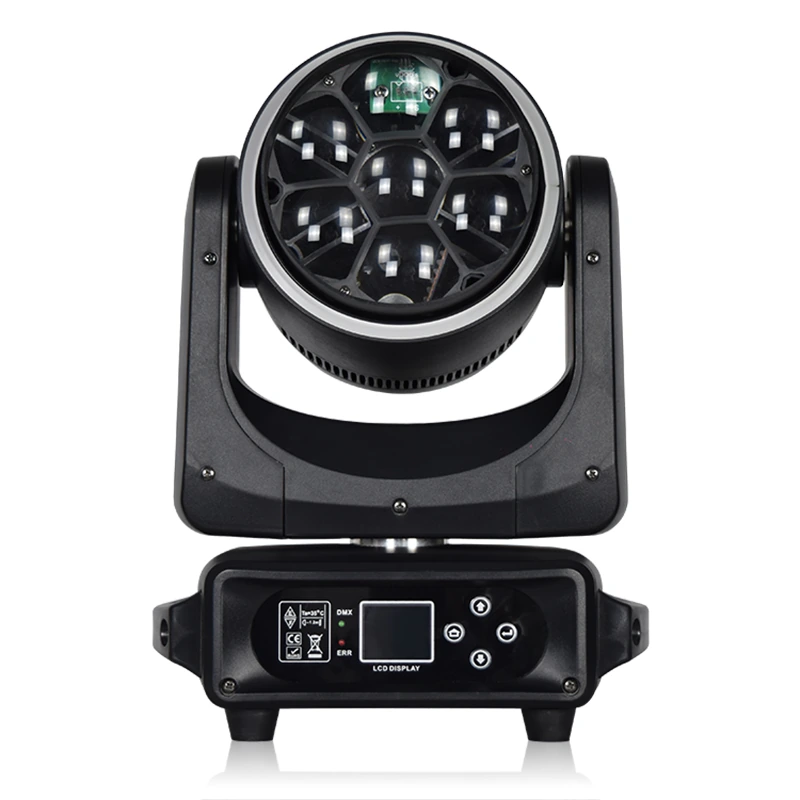 Front view of the seven-lens RGBW bee-eye optical face and LCD control panel