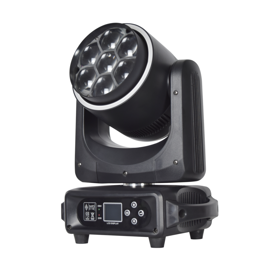 7x40W RGBW Bee-Eye Zoom Moving Head Light — Angled RG-740 product view showing seven bee-eye lenses, the yoke and LCD control base
