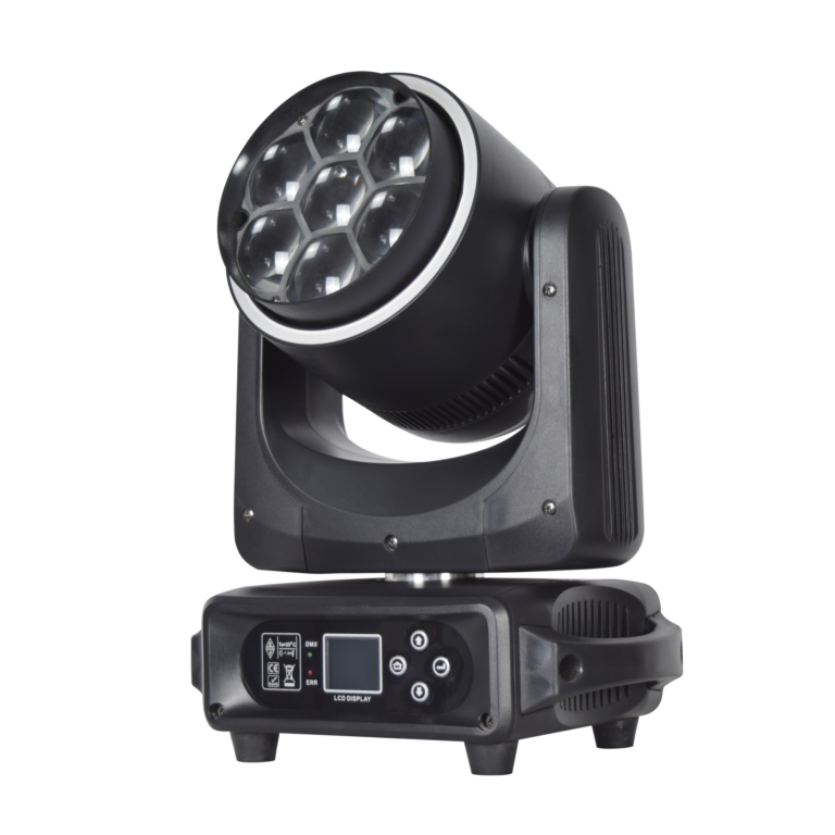 7x40W RGBW Bee-Eye Zoom Moving Head Light — Angled RG-740 product view showing seven bee-eye lenses, the yoke and LCD control base