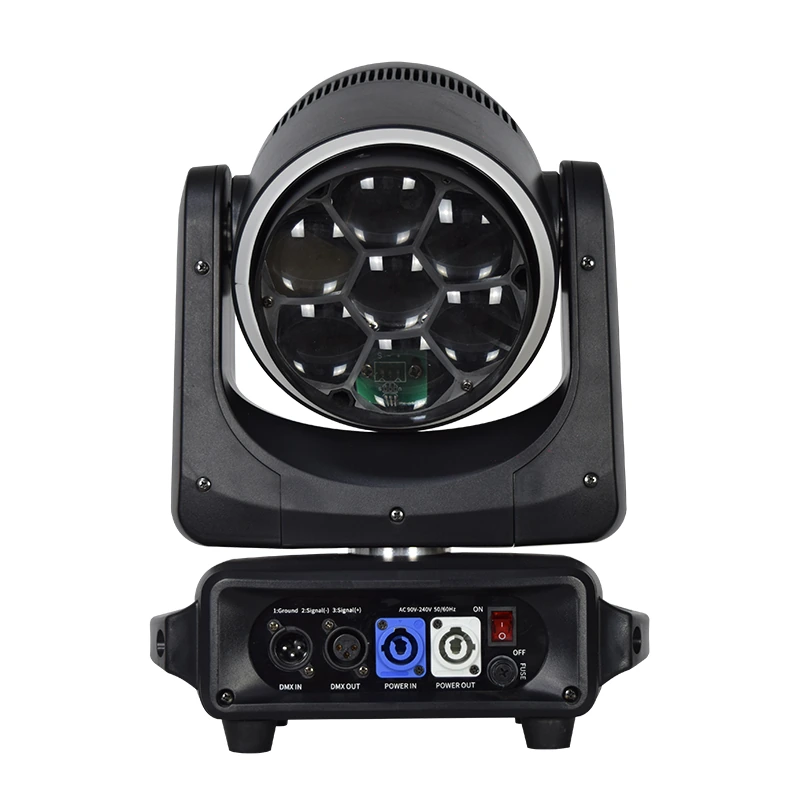 Tilted seven-lens optical face above the base with DMX and power connectors