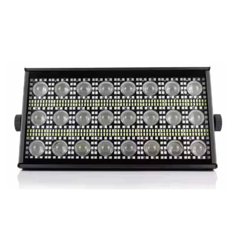 24-Lens Pixel-Control LED Strobe Light front view showing 24 round lenses and RGB and white LED arrays in a rectangular housing