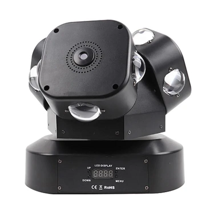 Three-Head LED Wheel Moving Head Light three-head LED wheel fixture showing optical lenses, laser aperture and front display