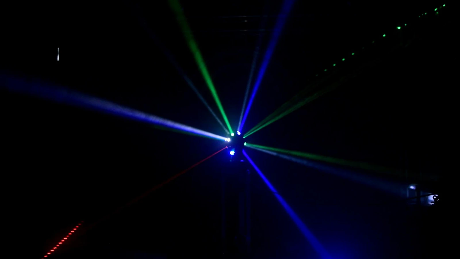 Wide demonstration of LED beams and red and green laser effects