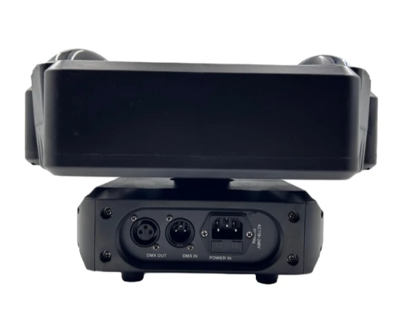 Rear connections of RG-290 showing labeled DMX in, DMX out and power inlet