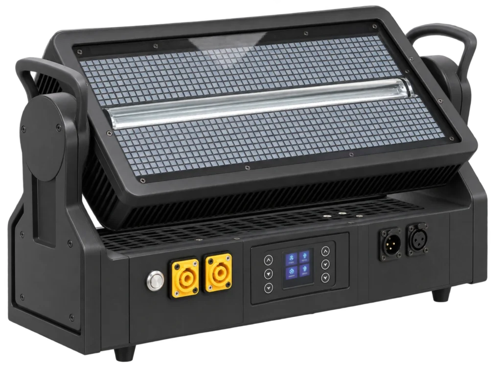 1000W IP65 Moving Head LED Strobe Light moving-head LED strobe with RGB panel central white-light strip support arms display and connectors