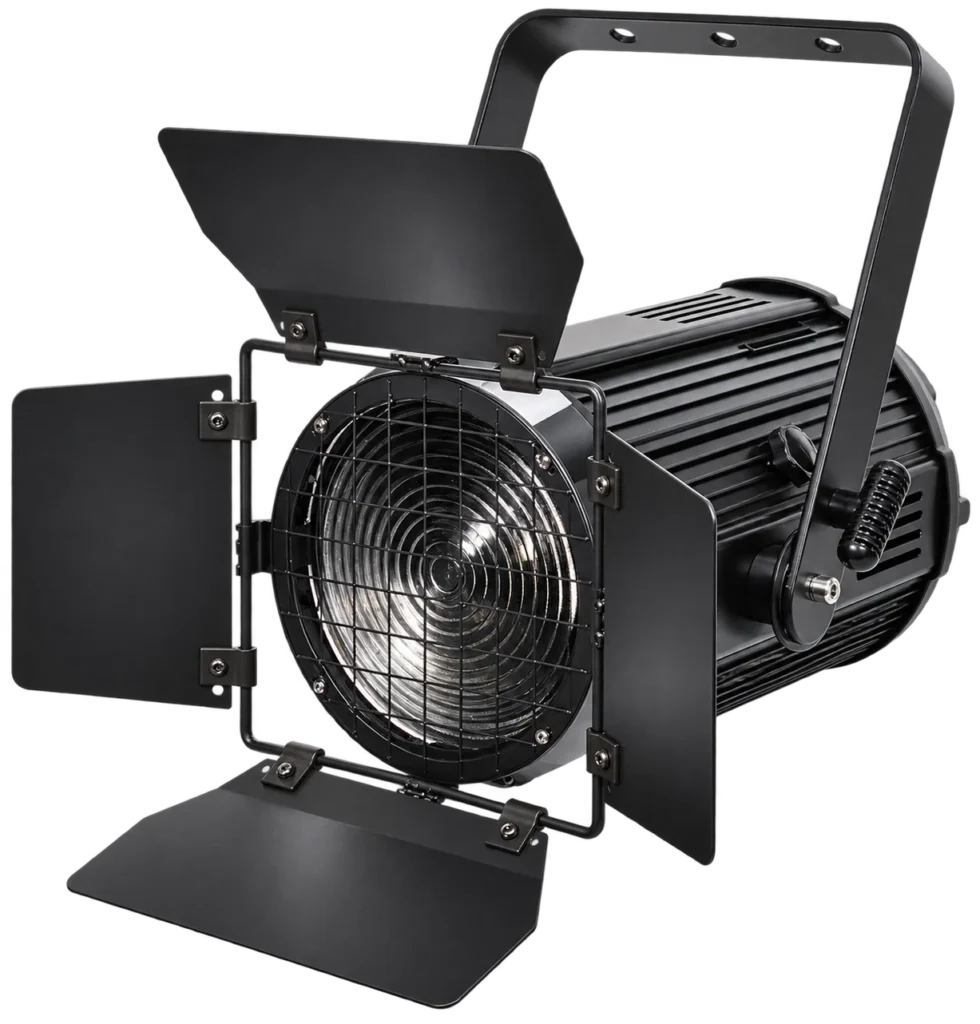 200W COB LED Stage Light with Manual Zoom COB stage light with barn doors front lens protective grille and mounting yoke
