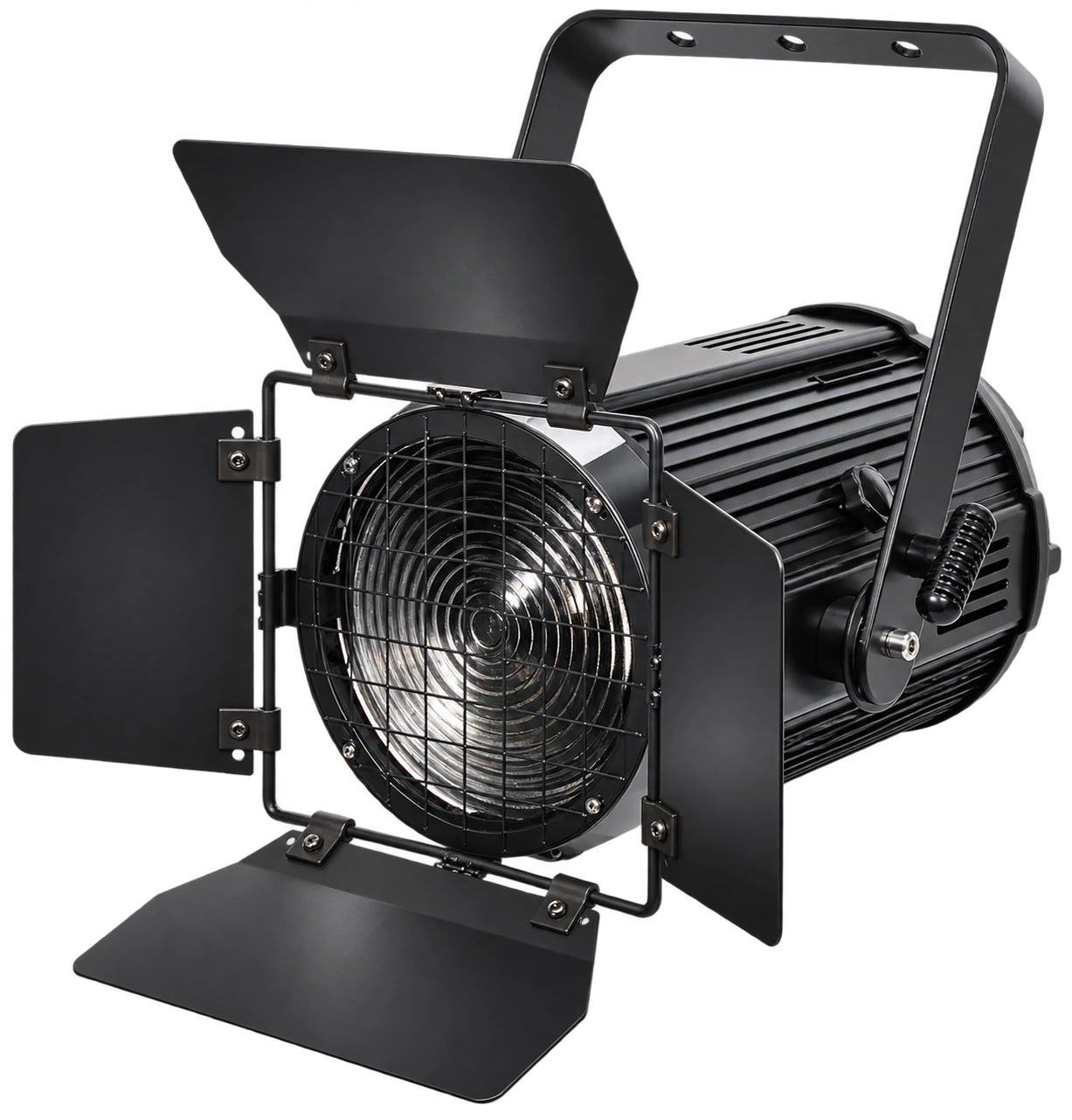 RG-321 COB stage light with barn doors, protective front grille and mounting yoke