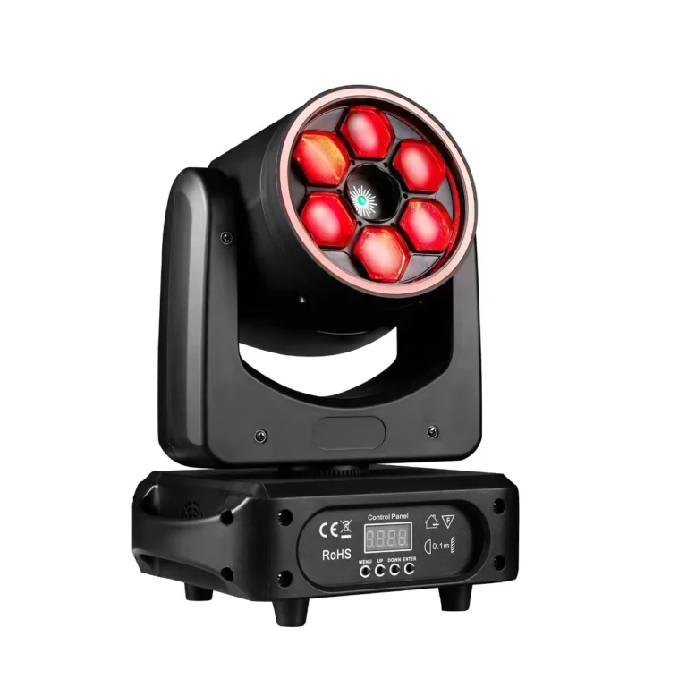 6x15W Bee Eye Moving Head bee eye moving head with six illuminated LED lenses, central green light and outer ring