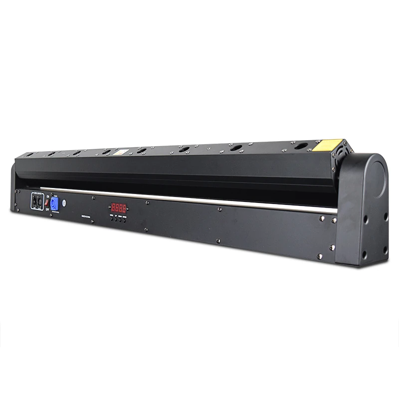 Low connection-side view of the eight-eye bar showing power and DMX connections