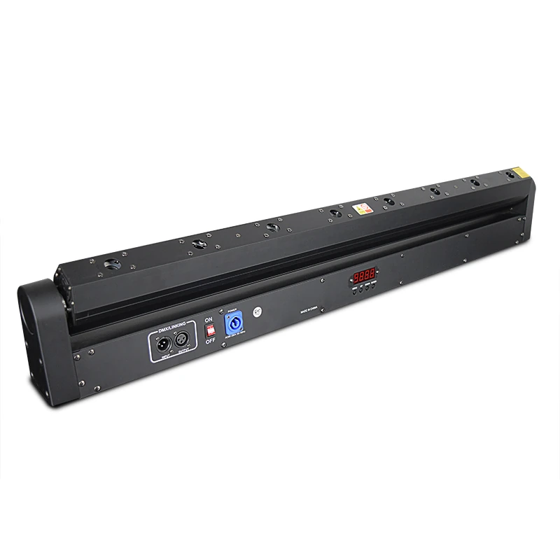 Eight-eye rotating laser bar housing showing source apertures, display, and power and DMX connections