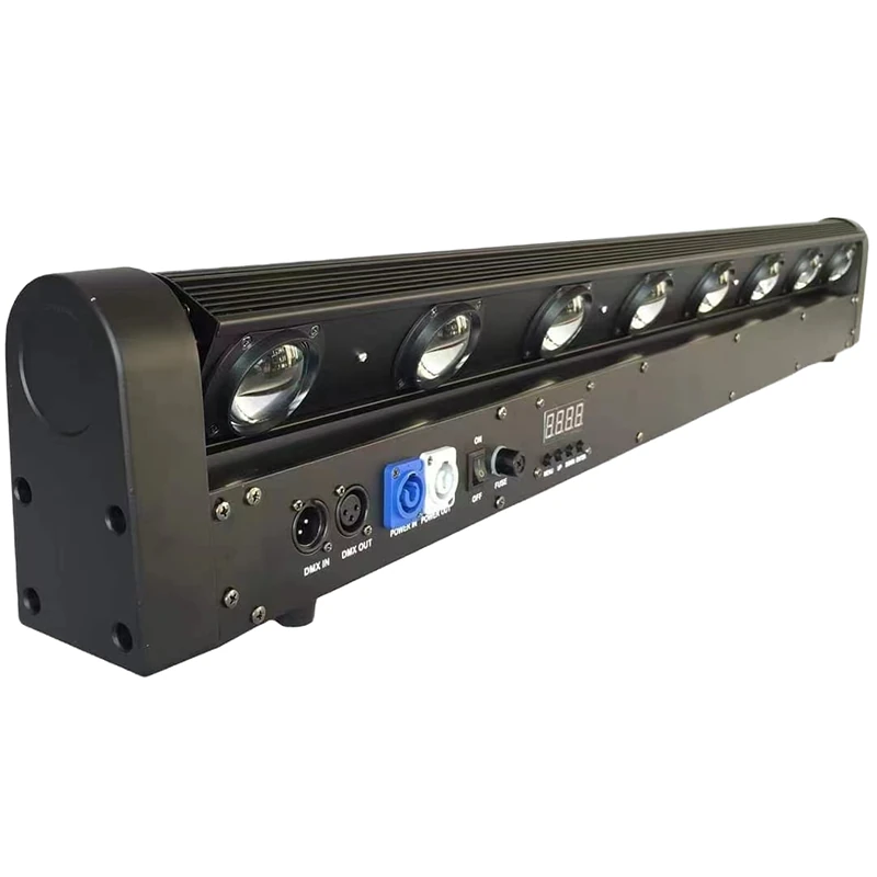 Angled RG-763 view showing lens row, labeled DMX and power connectors and display