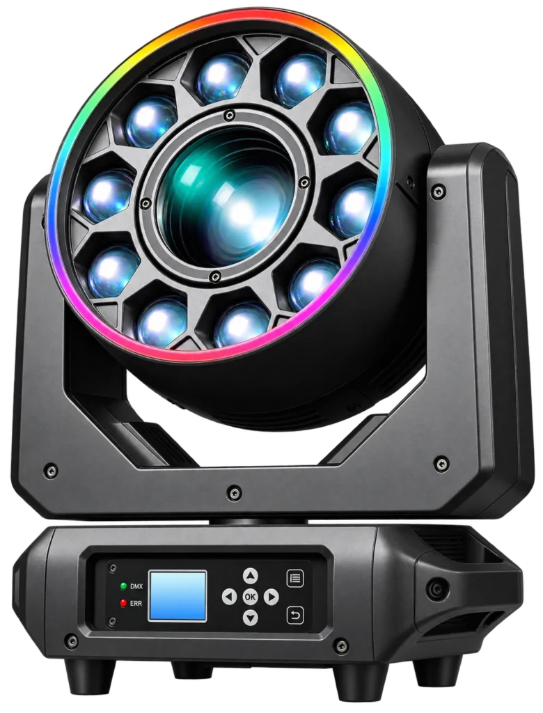 Mini 10x20W LED Zoom Bee Eye moving head with central lens, ten surrounding RGBW LED lenses and illuminated outer ring